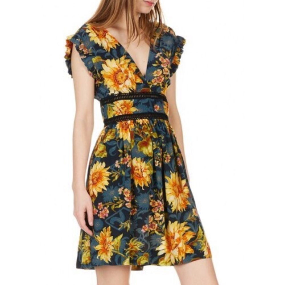 SANDRO silk floral sunflower minidress with cutouts, size 38